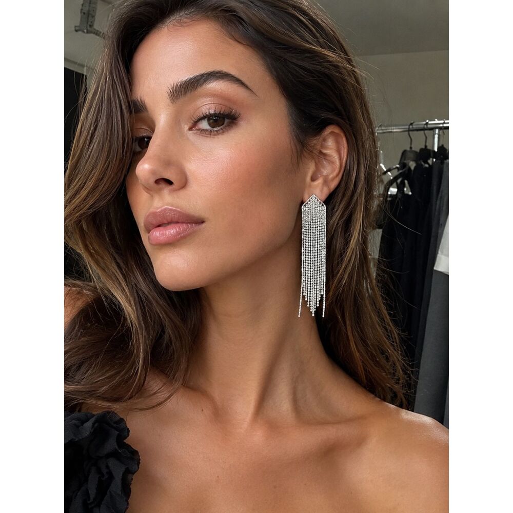 Rhinestone Silver Dangling Earrings Princess Formal Gala Event Statement Silver